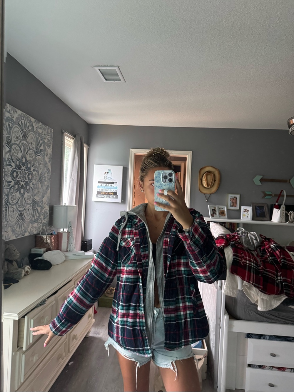 Natural Reflections Plaid Hooded Shacket - Navy, Red & Green
